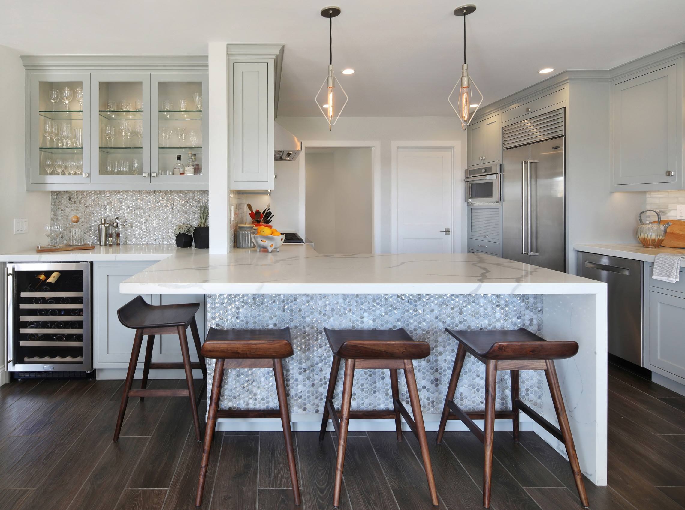 Transitional kitchen with waterfall counter, Laguna Niguel