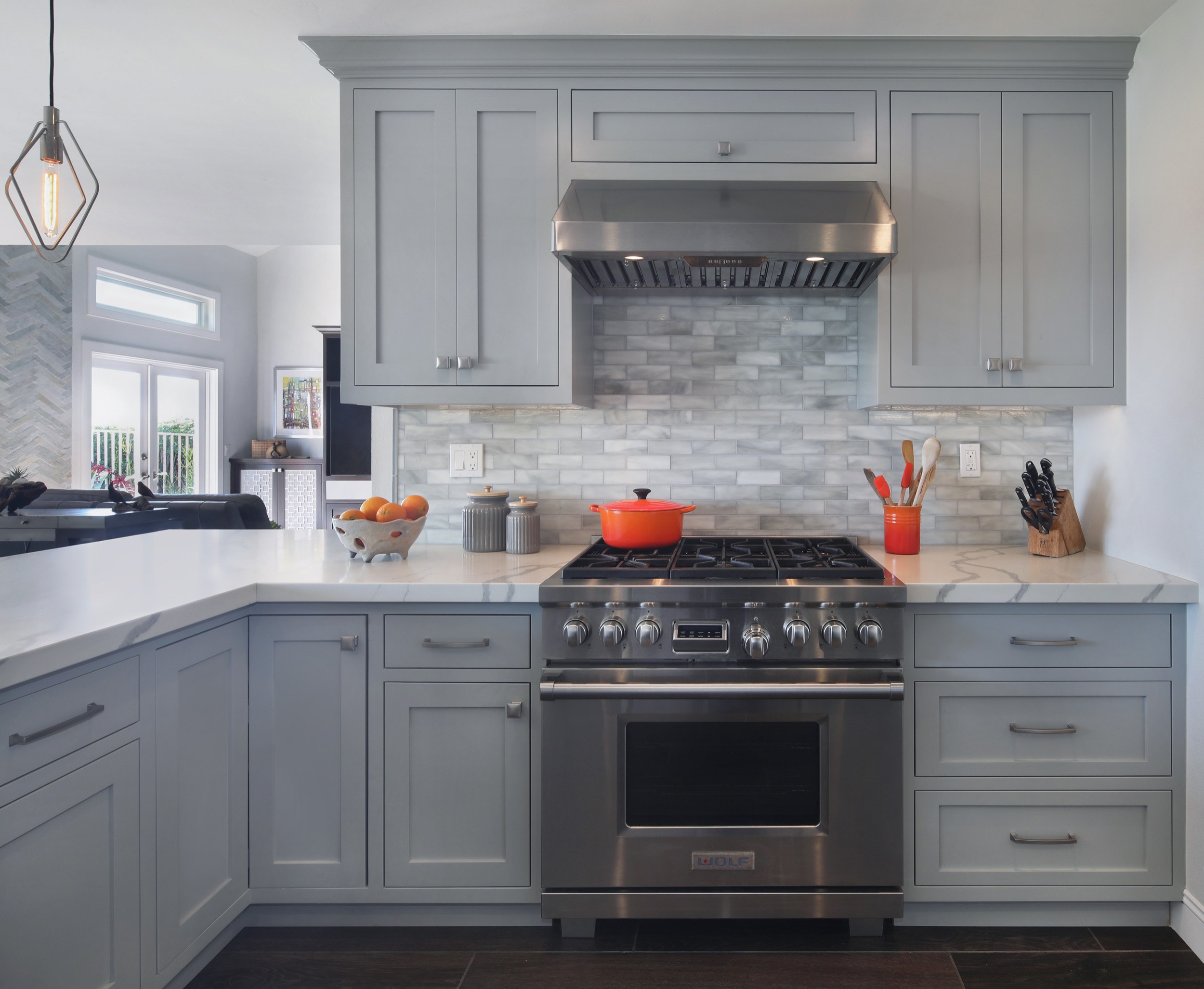 Remodeled kitchen with gray subway tile, Laguna Niguel