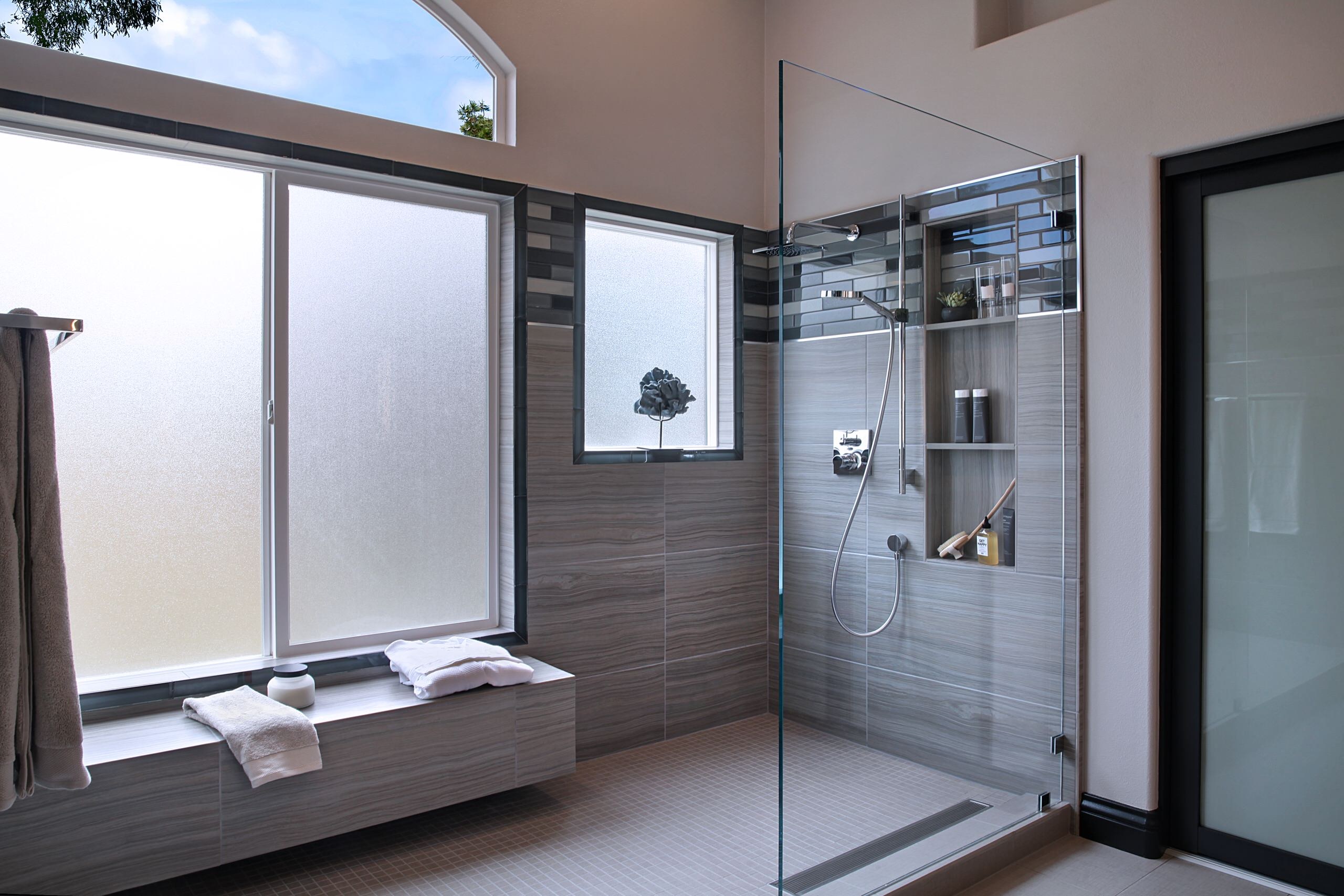 Tiled walk-in shower, San Clemente master bath
